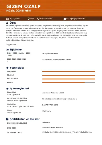 Müzik Öğretmeni Cv Örnekleri cv indir